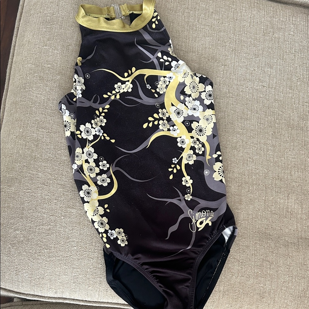 GK CL Simone Black and Gold Floral Leotard